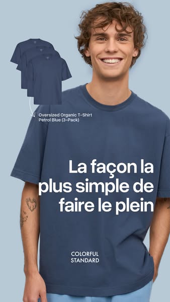 This ad for Colorful Standard presents a young man wearing a navy blue t-shirt. The ad features a tagline promoting simp