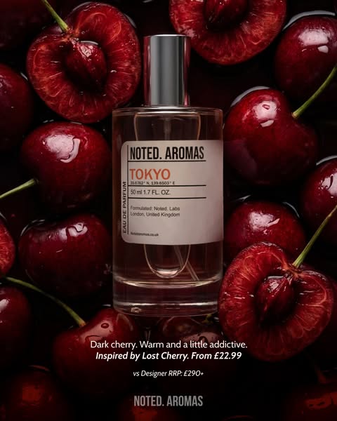 A still life product photo advertising Noted. Aromas Tokyo perfume. The perfume is presented with a description of it