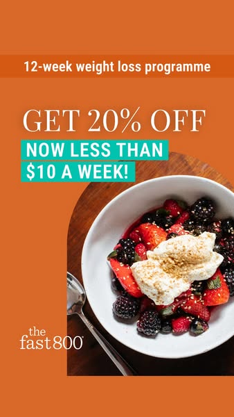 This image ad showcases The Fast 800 12-week weight loss program, highlighting an offer of 20% off, making it less than 