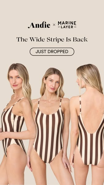 This image ad from Andie Swim promotes their collaboration with Marine Layer, highlighting a wide stripe swimsuit.