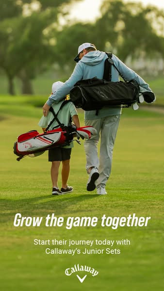This image ad shows an adult male and a child walking on a golf course, both carrying golf bags. The ad promotes Callawa