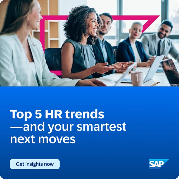 The ad promotes SAP's insights into the top 5 HR trends and offers guidance on how to navigate them effectively. It 