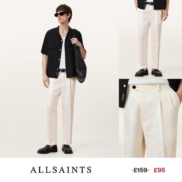 This ad showcases a pair of AllSaints trousers, highlighting their design and fit. The ad features a model wearing the t