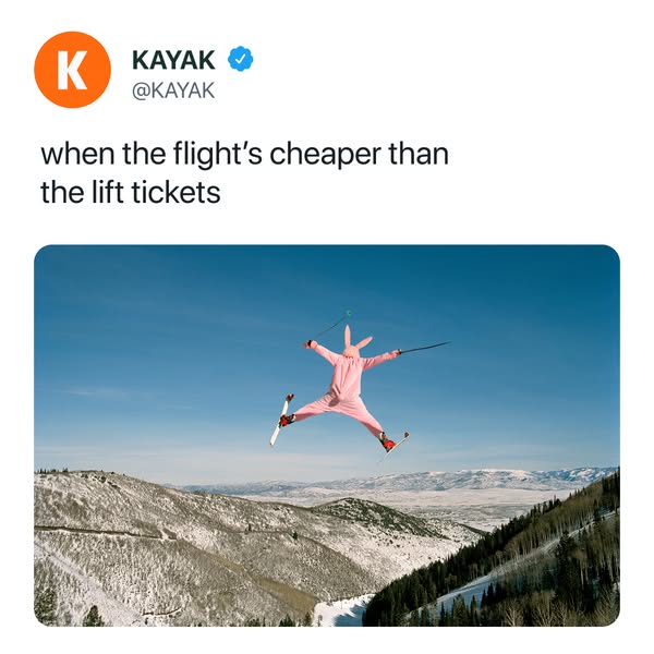 This image ad from Kayak uses a humorous image of a skier in a bunny suit to highlight the potential cost savings of fli