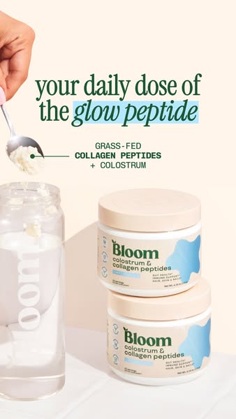 This image ad showcases Bloom's colostrum and collagen peptides product in powder form. The ad highlights the produc