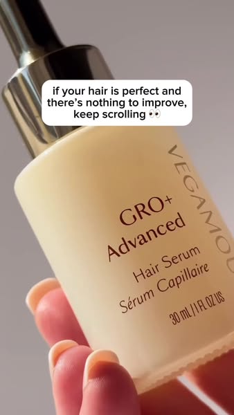 This ad features Vegamour GRO+ Advanced Hair Serum. It aims to encourage the viewer to stop scrolling if they're int