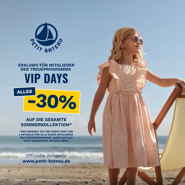 This image ad for Petit Bateau features a young girl in a summer dress at the beach. The ad promotes a limited-time offe