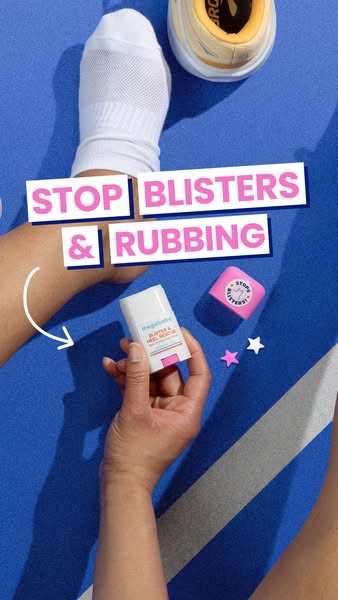 An image for Megababe shows the brand's Blister & Heel Rescue product next to a person's foot in a sock and 