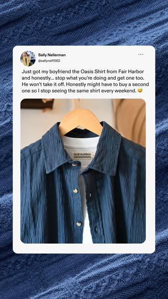 This ad for the Fair Harbor Oasis Shirt features a screenshot of a social media post (likely X/Twitter) in which a perso