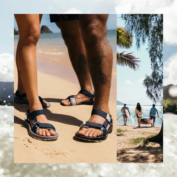 This image ad showcases sandals, presenting them in active, outdoorsy scenes. The ad uses triptych style imagery to show