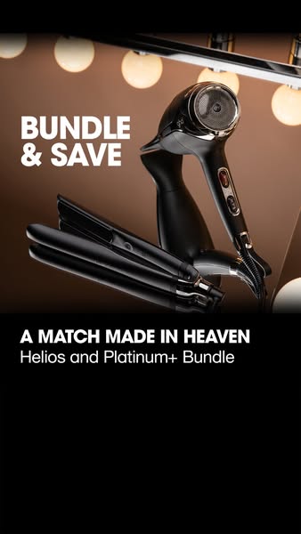 The ad promotes a bundled offer of the ghd helios and platinum+ styler, emphasizing the value and synergy of these two p