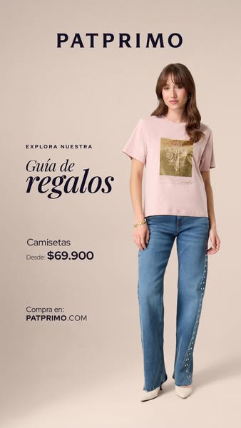 An image ad featuring a woman modeling a t-shirt and jeans from Patprimo's gift guide.