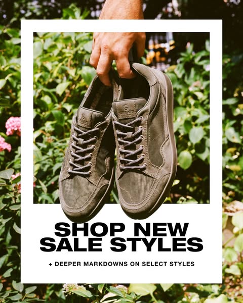 An image ad showcases a pair of olive-green sneakers held up by a hand against a leafy, natural background. Text overlay