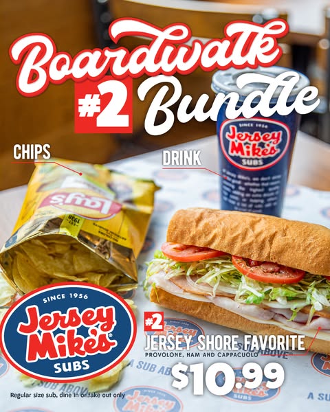 This ad promotes the Jersey Mike's Boardwalk #2 Bundle, which includes a Jersey Shore Favorite sub, Lay's chips,