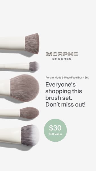 This image ad for Morphe features the Portrait Mode 5-Piece Face Brush Set. The ad highlights the product's value an