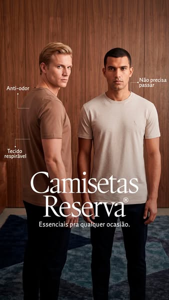 This ad features two men modeling solid-color t-shirts from Reserva. The focus is on the t-shirts' anti-odor and bre