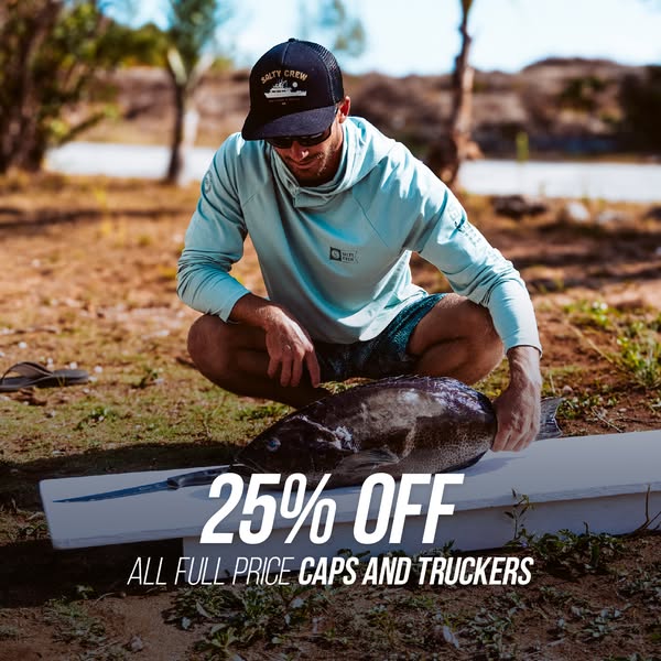 The ad promotes a sale on full-price Salty Crew caps and trucker hats. It features a man wearing a Salty Crew hat while 