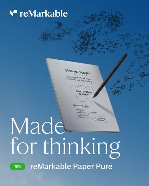 This image ad promotes the reMarkable Paper Pure, positioning it as a tool to enhance focus and thinking. The ad feature