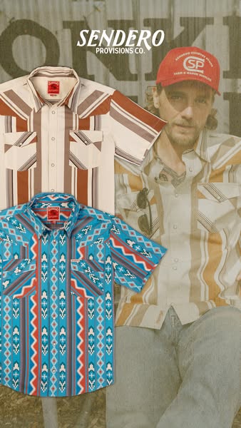 This ad promotes Sendero Provisions Co. and features examples of their shirts, as well as a model wearing their clothing