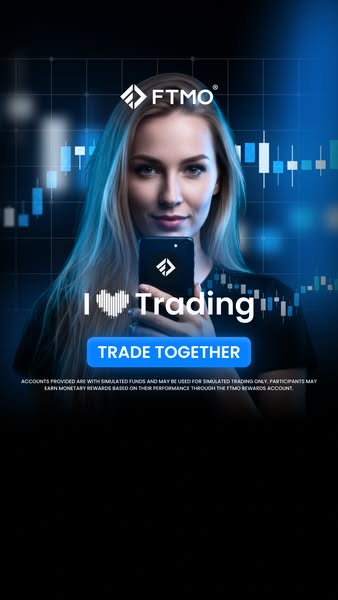This image ad for FTMO features a young woman holding up her phone displaying the FTMO logo. The text in the image reads