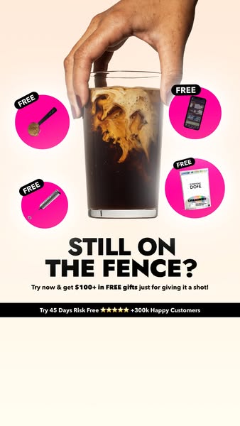 The ad features a glass of coffee with four pink circles around it, each showcasing a different free gift. The ad asks i