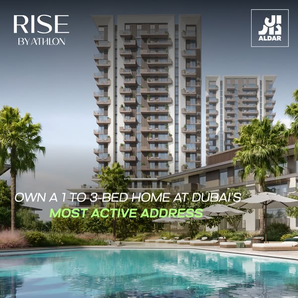 An advertisement promoting 1 to 3-bed homes at Dubai's most active address by Aldar.