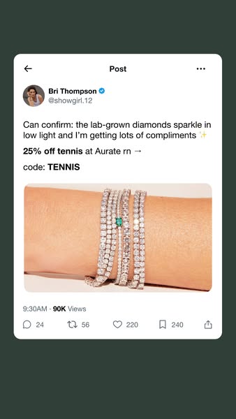 This ad features a screenshot of a social media post from Bri Thompson promoting Aurate jewelry. The post highlights the