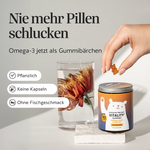 This image ad for Catch of the Day Vitality shows a jar of omega-3 gummies, emphasizes their plant-based ingredients, an