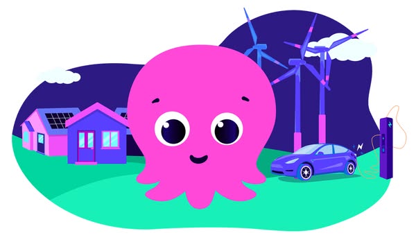 An illustration of an octopus standing in a neighborhood with houses, wind turbines, and an electric car plugged into a 