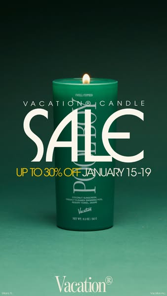 The ad features a single, well-lit product shot of a Vacation brand candle. It announces a sale for a limited time, posi