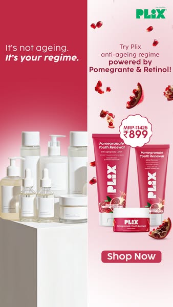 This ad presents the Plix anti-aging regime powered by pomegranate and retinol. The ad is split into two vertical panels