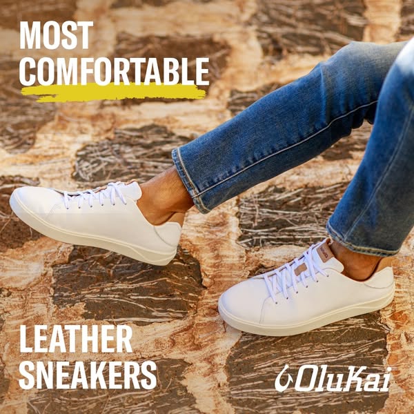 This ad showcases OluKai leather sneakers, emphasizing their comfort. The image features a person wearing the sneakers, 