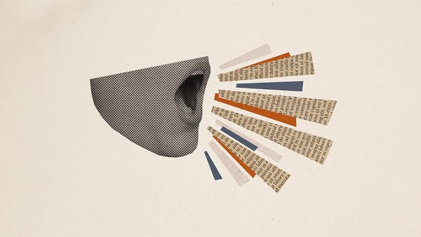 This image uses abstract illustrations and a collage style to imply a message about hearing a lot.