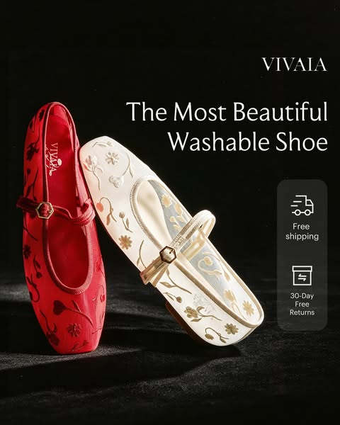 This ad showcases Vivaia shoes and promotes their beauty and washability.