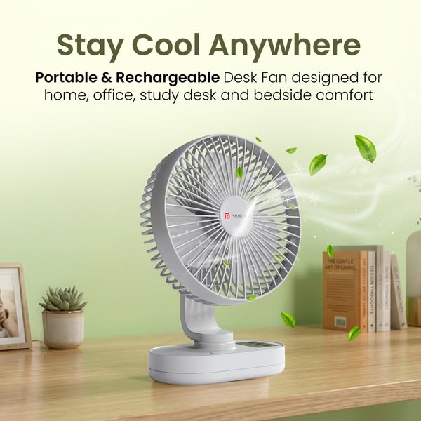 This ad showcases a portable and rechargeable desk fan designed for use in various locations such as home, office, study