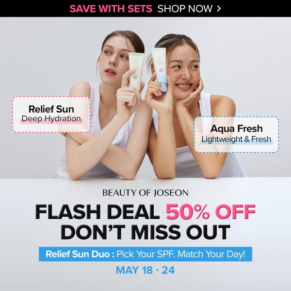 This ad promotes Beauty of Joseon's Relief Sun Duo, highlighting a flash deal with 50% off. It features two women ea