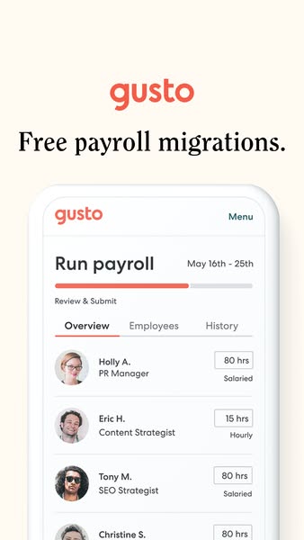 This ad promotes Gusto's free payroll migrations by showing a screenshot of the app's interface.