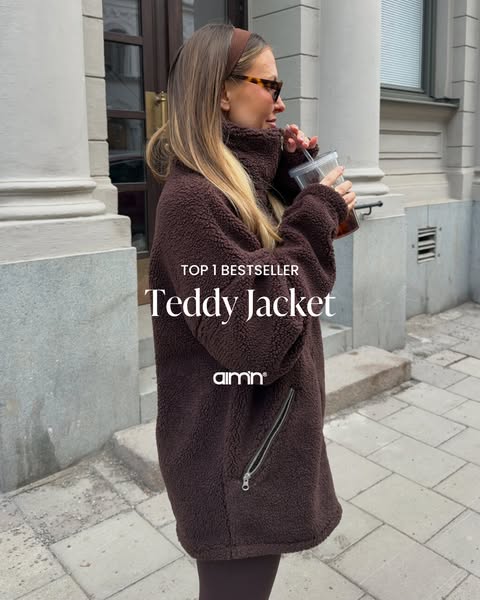 This ad promotes the Teddy Jacket from the brand Aim'n, highlighting it as a top-selling item. The ad features a wom