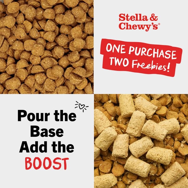 This image ad for Stella & Chewy's dog food promotes the dry food and the added 'boost' mixers. It highl