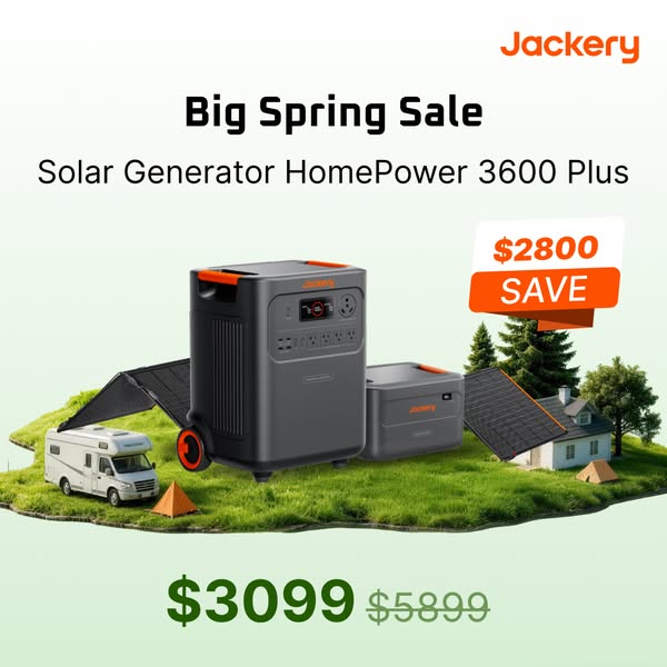 This ad promotes Jackery's Spring Sale on the Solar Generator HomePower 3600 Plus with a discount of $2800.