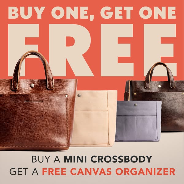 This image ad promotes a buy-one-get-one-free offer on a mini crossbody bag, with a free canvas organizer included in th