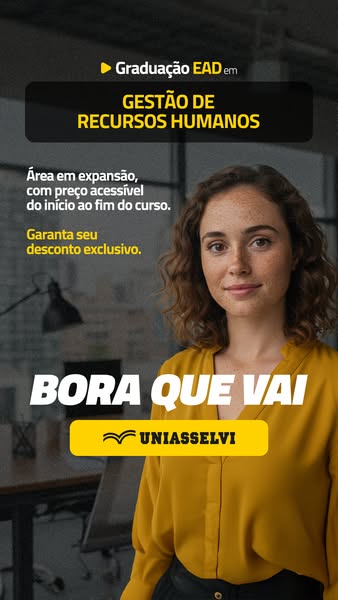 This image ad promotes online education for a degree in human resources management at UNIASSELVI. The ad shows a young w