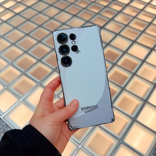 This ad features a Samsung phone with a cartoon filter applied to it. The phone is held in someone's hand and displa