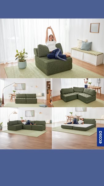 The ad showcases the Ecosa sofa in multiple lifestyle settings as a modular sofa bed that is designed to fit different l