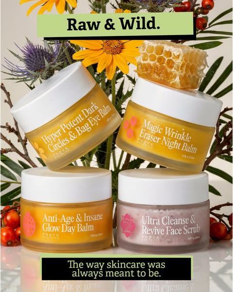 The ad showcases a selection of skincare products from the brand, emphasizing their natural and effective formulations. 