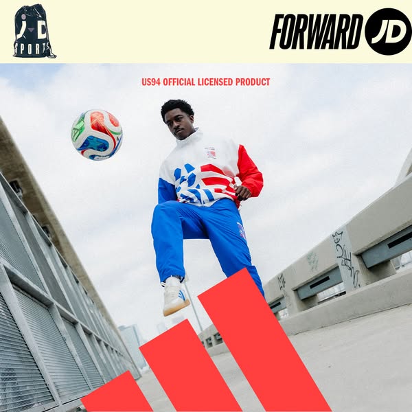 This image ad shows a man in athletic wear juggling a soccer ball in a public space. The ad promotes athletic apparel fr