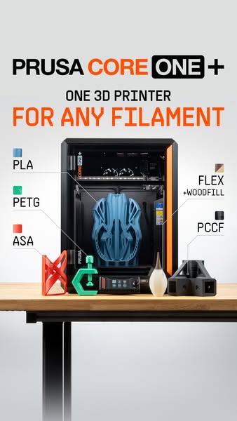 This ad showcases the Prusa Core One+ 3D printer and its ability to work with a variety of filaments, highlighting the v