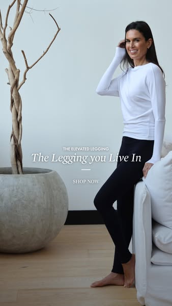 An ad promoting "The Legging You Live In" featuring a woman wearing the leggings in a casual setting.