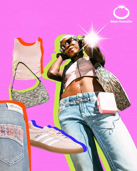 This ad uses a collage of product shots and a model wearing the apparel to create a vintage, 90s-inspired vibe. The brig