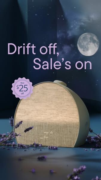 A soothing image advertising a sleep device with a sale.